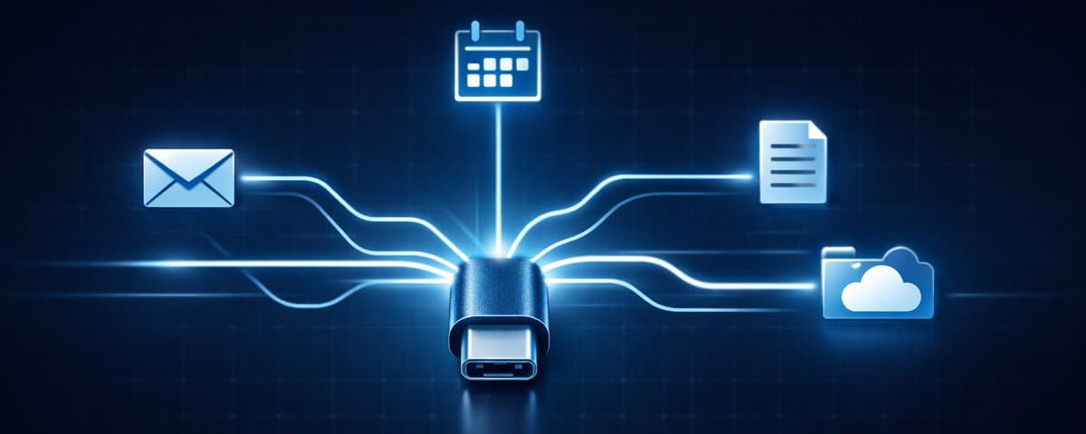 USB-C connector with glowing lines connecting to email, calendar, documents, and cloud icons — representing MCP as the universal protocol for AI integrations