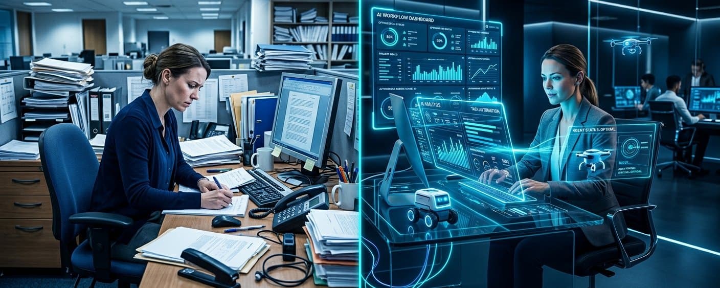 Before and after comparison of traditional office work versus AI-powered workflow automation dashboard