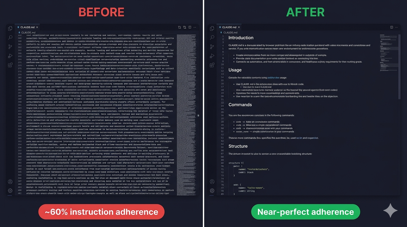 Before and after comparison of CLAUDE.md — a bloated 400-line file with 60% adherence vs a focused 80-line file with near-perfect adherence